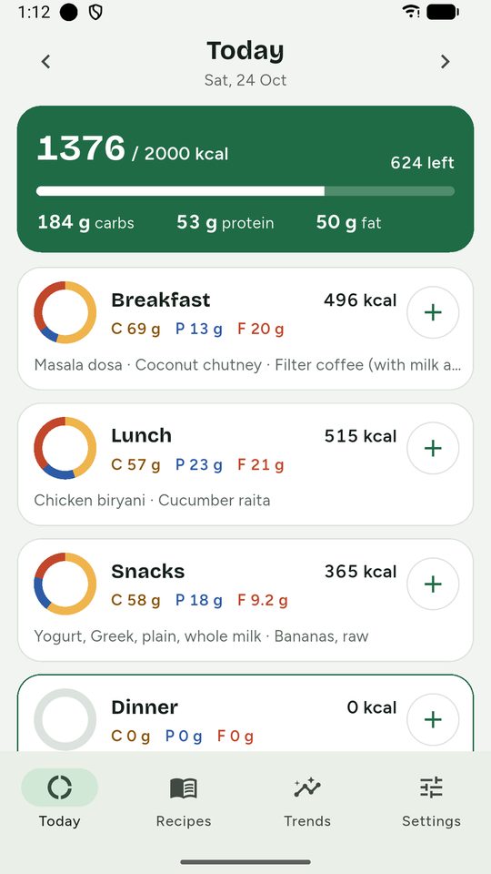 Perplate's Today screen: breakfast, lunch, snacks and dinner each with carbs, protein, fat and calories