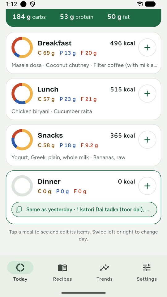 Dinner card with a Same as yesterday button