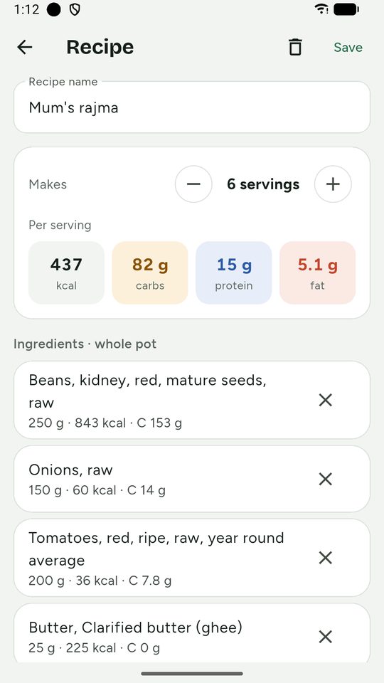 A saved recipe with six servings and macros per serving